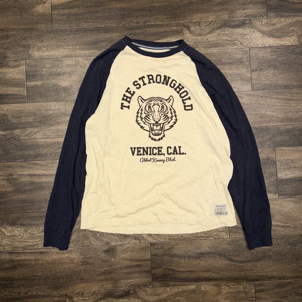 The Stronghold Long Sleeve Shirt Men's Size L Navy Blue & Off-White Venice, Cal.